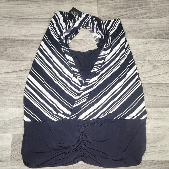 Chicos Knit Kit Stripe Variance Topper Size 3 Large Banded Hem Shirred Navy NWT - Picture 11 of 15